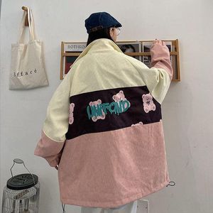 Damenjacken Bär Cordjacke Damen 2023 Frühling Kawaii Korean Oversize Loose Preppy BF Style Stitching Coat Hipster Bomber Streetwear