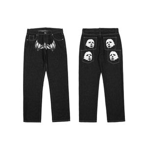 Casual ins high street black straight face print basic jeans larghi lavati da uomo