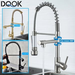 Rubinetti per lavabo da bagno DQOK Rubinetto da cucina estraibile a molla spazzolato nero Miscelatore per acqua fredda Rubinetto per gru con doppio beccuccio montato su piattaforma 230504