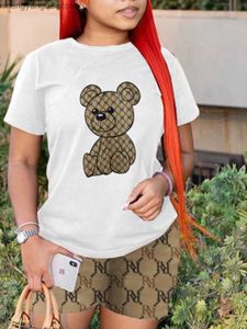 Zweiteilige Damenhose LW Geometrischer Bärendruck Shorts Set O-Ausschnitt Kurzarm Basic T-Shirt + gemischte Hipster-Unterteile Stücke Damen/Herren 2PCs T230504