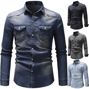 Men's Casual Shirts Spring And Autumn Jeans Shirt Long-sleeved Denim Soft Cotton Two-pocket Slim Petticoat MenMen's