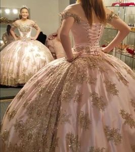 Потрясающие мексиканские румянец розовые vestidos de anos Quinceanera платья с золотой аппликацией хрустальная блестка сладкие маскарадные платья