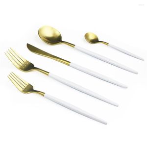 Dinnerware Sets Wedding 5Pcs/set 18/10 Stainless Steel Cutlery Set Gold White Handle Plated Tea Scoops Knife Dessert Fork