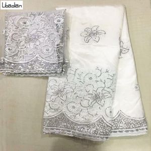 Tecido branco george tecido de renda com blusa 5 + 2 jardas conjuntos para vestido de casamento nigeriano bordado guipure george tecido de renda e91128