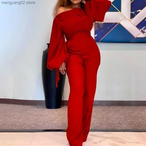 Kobiety Jumpsuits Rompers Echoine długi rękaw z ramion Sesy Scossuit Lantern Sleeve Red Rompers Eleganckie szerokie playki nogi ol ladies kombinezon t230504