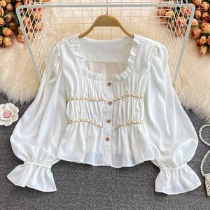 Women's Blouses Retro Puffy Sleeves Padded Shoulder French Style Women Shirt Elegant Square Collar Short Chiffon Blouse Top