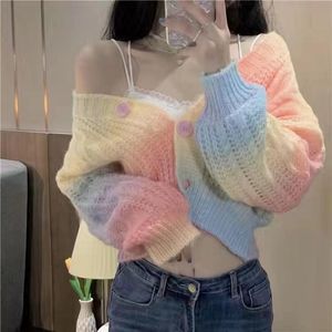 Cardigans New pink cardigan jacquard sweater coat women loose autumn 2022 outer wear Vneck fashion short knitted cardigan coat hot sale