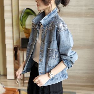 Jacken Blau Kurze Pailletten Tasche frauen Casual Denim Frühling Herbst Lose Mode Jeans Jacke Frauen Langarm Mantel 230504