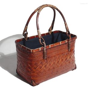 Evening Bags Handmade Bamboo Bag Women Summer Beach With Wooden Handle Box Shape Female Vintage Tea Handbag Straw Tote Clutch Wholesale