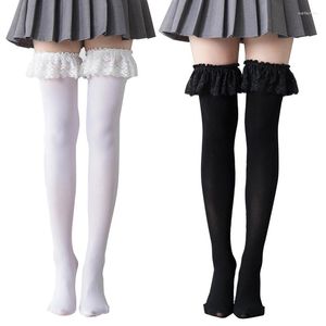 Kadın Socks Bayan Japon Anime uyluk yüksek lolita gotik dantel ruffles trim çorap
