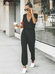 Kvinnors jumpsuits Rompers Miss Petal V-ringen Kort ärm Jumpsuit för Woman Casual Long Jogger Pants PlaySuit 2023 Sommaröverträdelser Bodysuits Rompers T230504