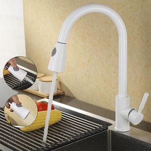 Kitchen Faucets White Single Handle Pull Out Tap Hole Swivel 360 Degree Water Mixer