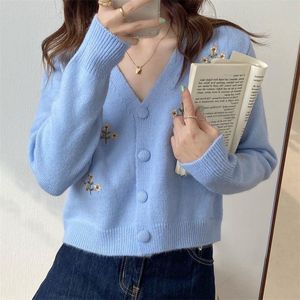 Damen Strick T-Shirts Weiß / Blau Lose Pullover Damen Strickjacke V-Ausschnitt Allgleiches Einfache Damen Strickwaren Stickerei Süßer College Preppy Style