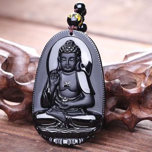 Naszyjniki wisiorek Amitabha czarny obsydian rzeźbiony Buddha Lucky Amulet Naszyjnik dla kobiet mężczyzn wisiorki kropla biżuterii