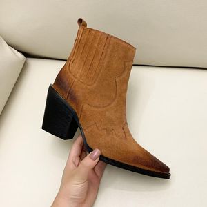 Boots Genuine Leather Cow Suede Western Ankle Women Point Toe Kitten Heels Short Winter Cowboy Knight Woman