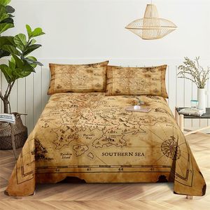 Set Treasure World Map Bedding Sheet Home Digital Printing Polyester Bed Flat Sheet With Pudow Case Print Bed Sheet