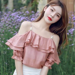Kvinnors T -skjortor Sweet Wind Snow Spin Top Women's Clothing 2023 Summer Ankomst Fashion Style Purple Off Shoulder Sexig Ruffle Strap