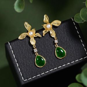 Dangle Earrings Women's Retro Geometric Flowers Gold-plated Inlaid With Imitation White/Green Pearl Jade Earring Ear Jewelry E1355