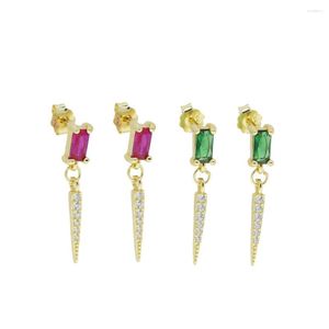 Dangle Earrings Real 925 Sterling Silver Green Red Zircon CZ Spike Pendant For Women Square Charm Drop Jewelry