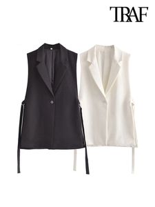 Women's Vests TRAF Women Fashion With Tabs Single Button Office Wear Waistcoat Vintage Sleeveless Side Vents Female Vest Coat Chic Veste 230503