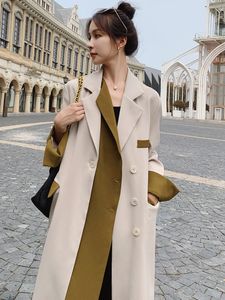 QNPQYX New Women Trench Coat Color-block Patchwork Design Lapel Single Breasted Casual Loose Women High Quality Windbreaker Overcoat