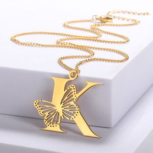 Pendant Necklaces Dainty Big Butterfly Letters For Women Girl Jewelry Stainless Steel Chain Initial Necklace 230504