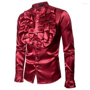 Camicie casual da uomo Mens Satin Slim Fit Tuxedo Vampire Steampunk Gothic Dress Shirt Ruffled Medieval Party Costume di Halloween Abbigliamento