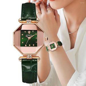 Armbanduhren Mode Einfache Marke Mit Diamanten Quadratisches Design Damen Quarzuhr Hochwertige Bambusmuster Lederband Damen