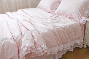 寝具セットセットピンクコットンツイル韓国のプリンセスフリルレースベッドスプレッドピローケースクラフト刺繍暖かい家hm-12p