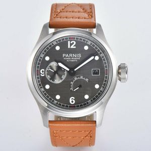 Armbandsur 46mm pani grå/svart urtavla brun läderband st 2530 datum lysande mekaniska män titta kraft reserv automatiska senwristwatch