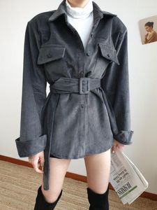 Women's Blouses Korean Chic Corduroy Hirt Jacket Women Vintage Long Leeve Belt Female Fall Turn Dowm Collar Grey Top Outwear