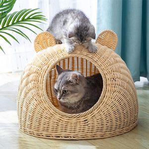 Mats Handwoven Pet Bed for Cats Rattan Soft Bed Round Cat Bed Basket Nest Breathable Mat Pet Sleeping Bed Cool for Kitten Kitty