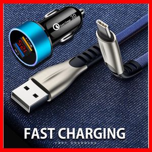 För Samsung Galaxy S21 S20 FE-anmärkning 20 Ultra S10 S9 S8 Plus Fast Car Charger Dual USB Quick Charge 3.0 Type-C USB laddning Kabelbil Bil Char-Charger Car Charging Quick Snabb
