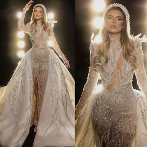 Abiti da sposa a sirena con perle glitterate Maniche lunghe Abito da sposa con perline Realizzato su misura con abiti da sposa con spacco laterale staccabile