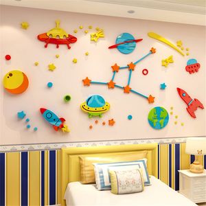 Wallpapers 3D Wall Stickers Cartoon Spaceship Kids Room Wallpaper Decals Quality Acrylic DIY Wallsticker For Kindergarten Background Decor 230505