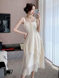 Casual Dresses Summer Pearl Beaded Spaghetti Straps White A Line Patchwork Women Slim Fit Party Beach Midi Dress