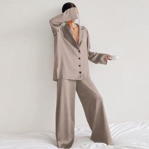 Kvinnors sömnkläder Kvinnors 2 -stycken pyjamas sätter lös pijama överdimensionerad satin lapel långärmad skjorta byxa loungewear kvinnlig pyjama