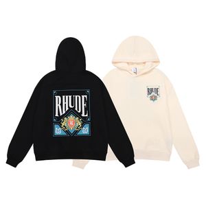 American Fashion Brand Rhude Card Playing Card Printed High Quality Cotton Terry Hoodie Sweater Mens and Womens Black Apricot S M L XL