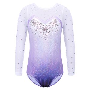 Gym Clothing BAOHULU Long Sleeve Mesh Patchwork Leotards for Girls Toddler Kids Diamond Gymnastics Jumpsuit Bodysuit Teens Gymnastics Clothes 230504