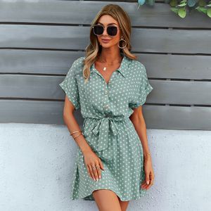 Casual Dresses Beach Summer Shirt Dress Polka Dot Vintage High midja Mini Casual Women Dresses Loose Short Sleeve Single-Breasted Slim Robe 230505