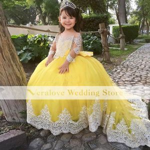 Księżniczka żółta koronkowa sukienka z kwiatami dziewczyny z długim rękawem sukienki dla dziewczynki na imprezę w konkursie dla dzieci sukienki urodzinowe