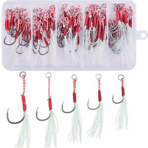 Fiskekrokar 100pcsbox gjuten jig assistans långsam jigging locka bas fiskekrokar tagg krok som binder fiskkrok med fjäderhavsfiske krok 230505