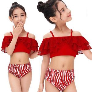 Childrens Swimwear Split Conservative Two pieces High Waist Off Shoulder Bikini Triangle Girls Swimming Suit