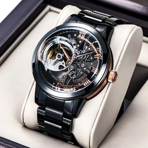 Orologi da polso Orologi sportivi scheletrati da uomo in acciaio inossidabile nero Orologi meccanici automatici con vetro zaffiro Orologi da polso