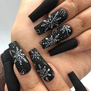 Falska naglar 24 st lång balett matt svart färg vita snöflingor design konstgjord falsk nagel full täckning press på nagel