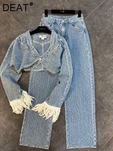 Tute da donna DEAT 2023 Arrivi autunnali Manica lunga con nappa Bottone singolo Giacca corta in denim Vita alta Jeans completi Due pezzi Set da donna MK359 230505