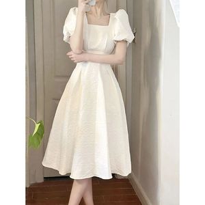 Casual Dresses Summer Women's Gracieful White Midi Dress Korean Vintage Square Collar Evening Party Black Gown Lady Simple Joker Dresses 230505