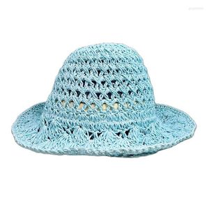 Wide Brim Hats Fashion Women's Foldable Straw Hat Summer Hand Knitted Bucket Big Bow Curly Sun Outdoor Upf50 Q332