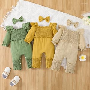 Kläder set Synpos 2 PCS Baby Girls Romper pannband Set Spädbarnsspetsar Ruffles långärmad söt Jumpsuit flicka 0-18 månader