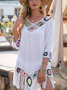 Women's Swimwear 2023 White Bikini Cover Up with Fringe Trim Women Sexy Hollow Tunic Beach Dress Summer Bathing Suit Beachwear Saida Praia Robe T230505